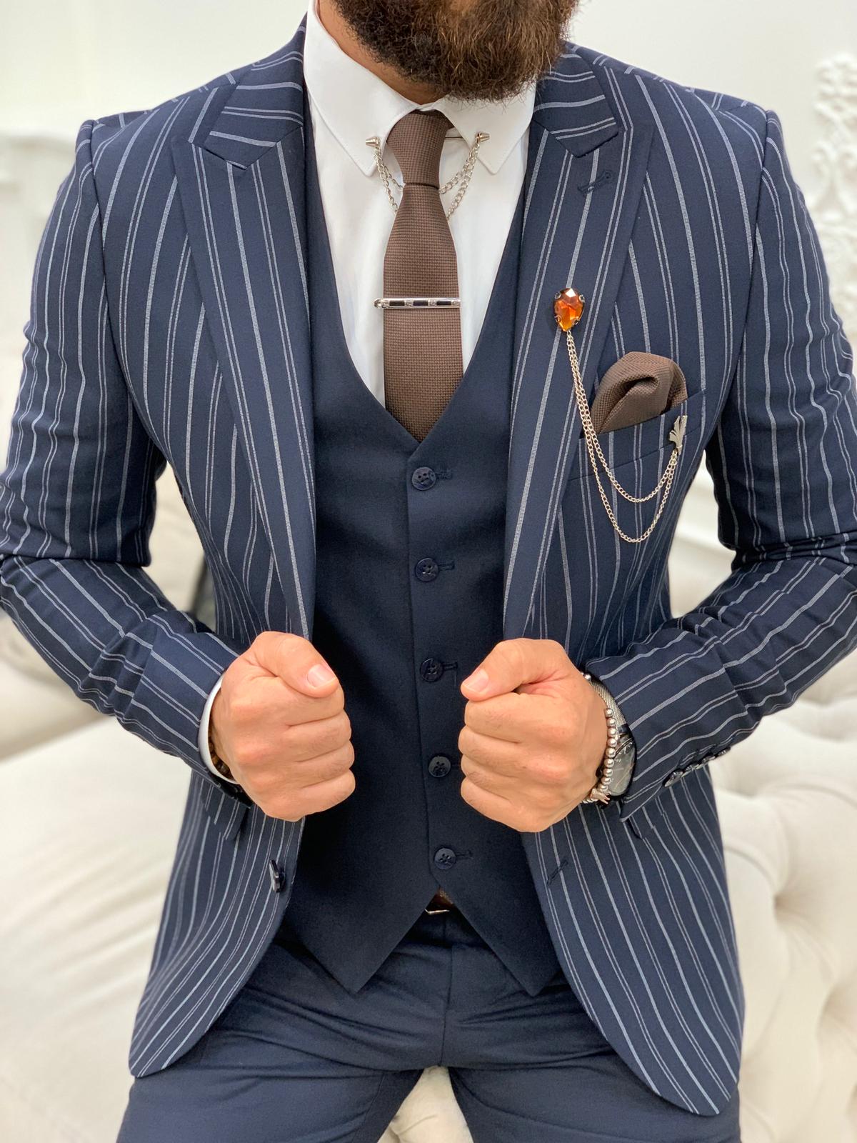 White & Blue Striped Suit Design by Dash and Dot Men at Pernia's Pop Up  Shop 2024